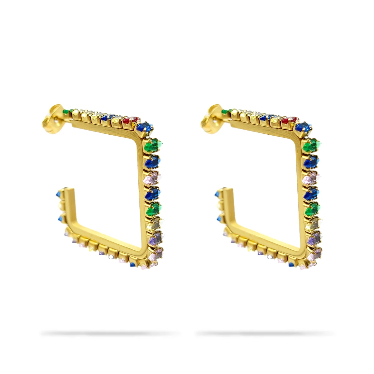 Aretes Acero Dorado Inox Cristales Multicolor Cuadradas
