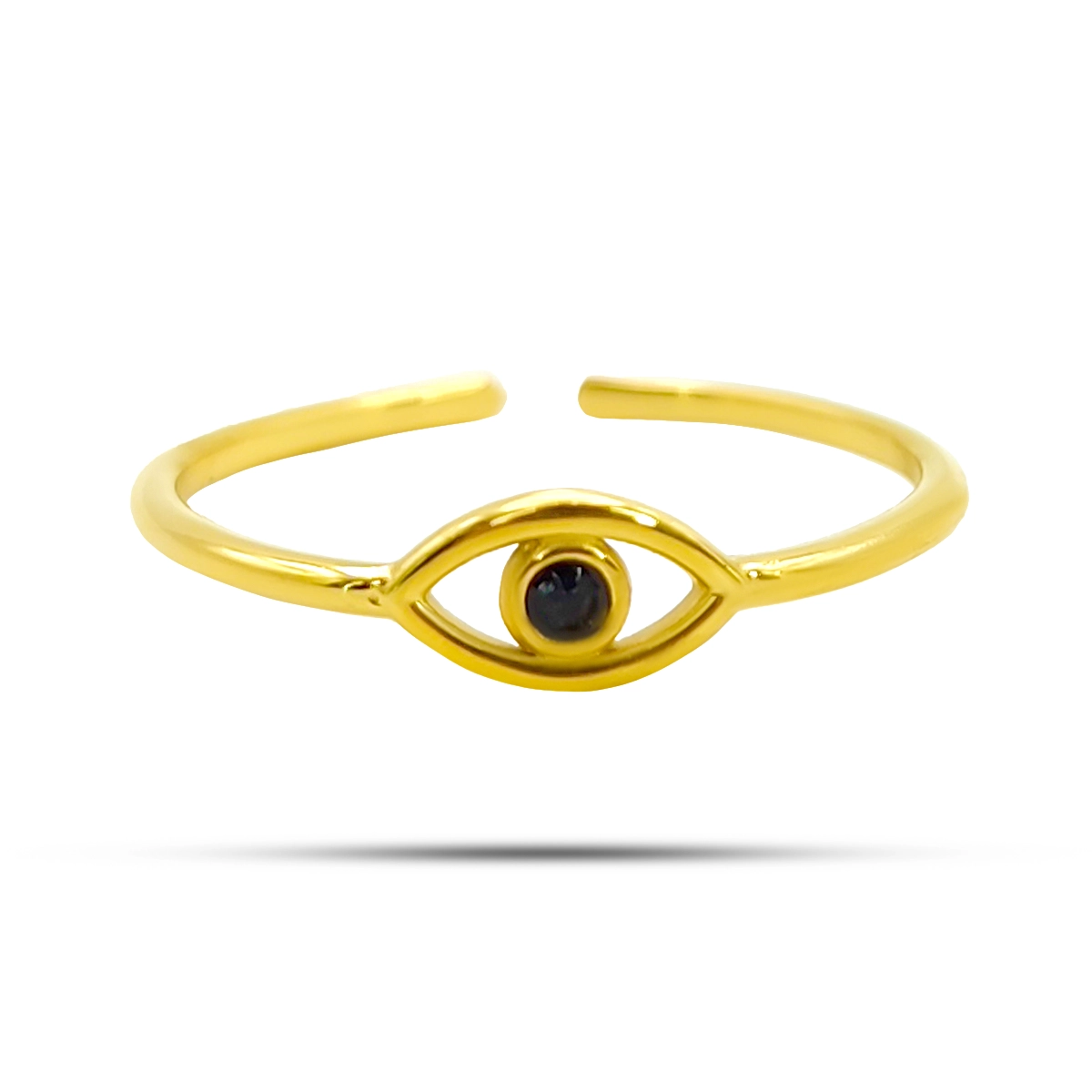 Anillo Acero Dorado Ojo Pupila Cristal Negro Ajustable