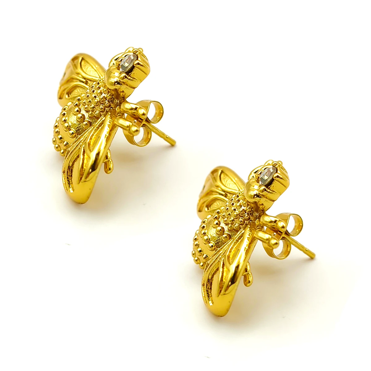 Aretes Acero Dorado Abejas Zirconia Redonda Elegante