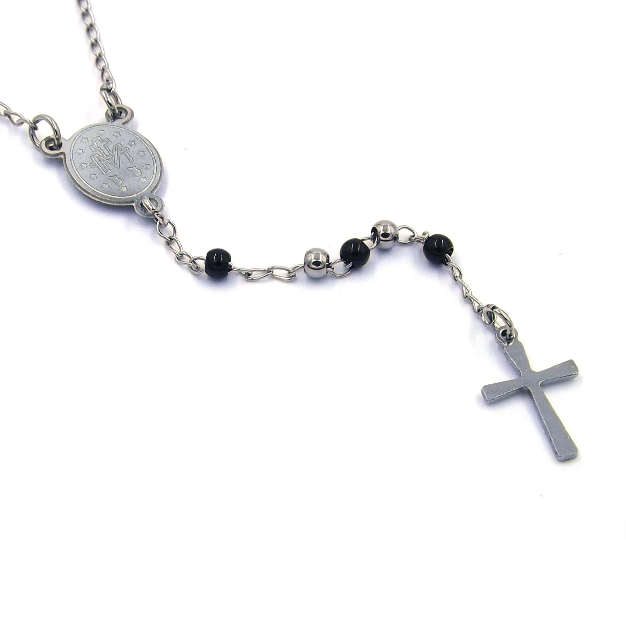 Rosario Pequeño Acero Inoxidable Plateado Negro Virgen María