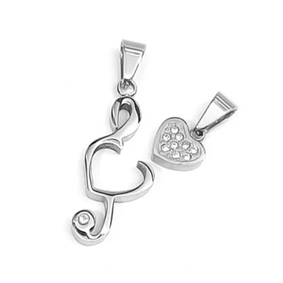Dije Doble Acero Diseño Corazon en Clave de Sol Plata