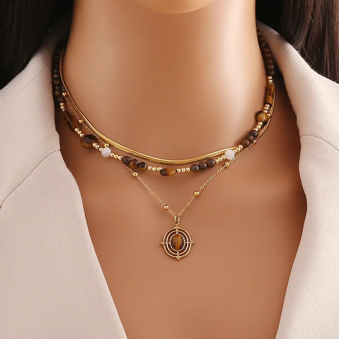 Collar Acero Dorado Bohemio Ojo de Tigre Cadena Balines