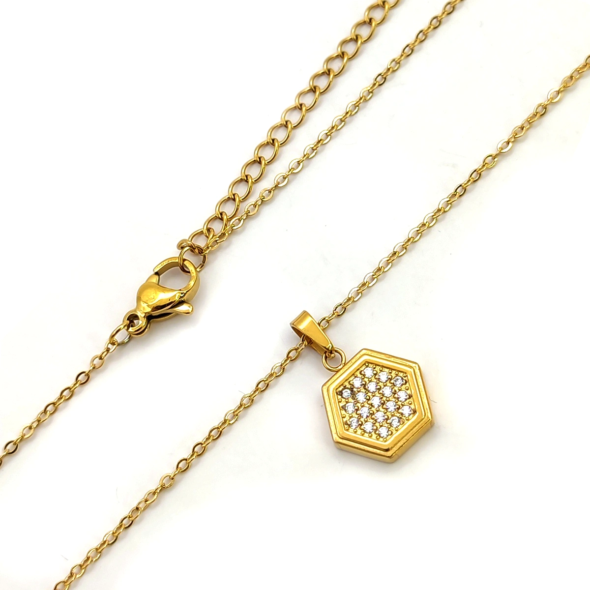 Collar Acero Dorado Mini Hexagono Cristales Elegante