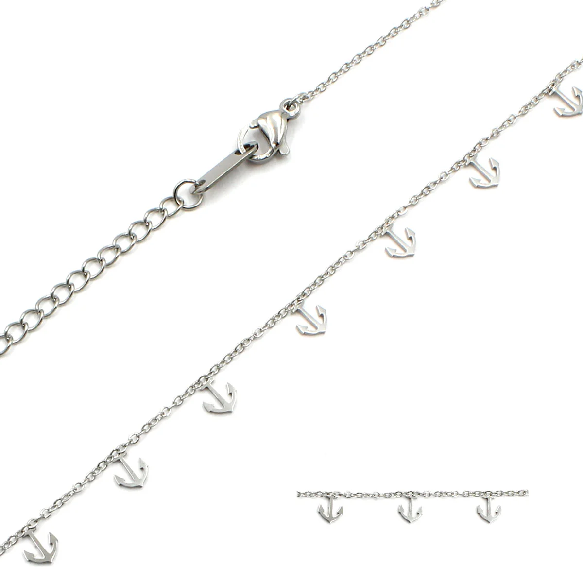 Collar Acero Inoxidable Plateado Anclas Lisas Clasicas