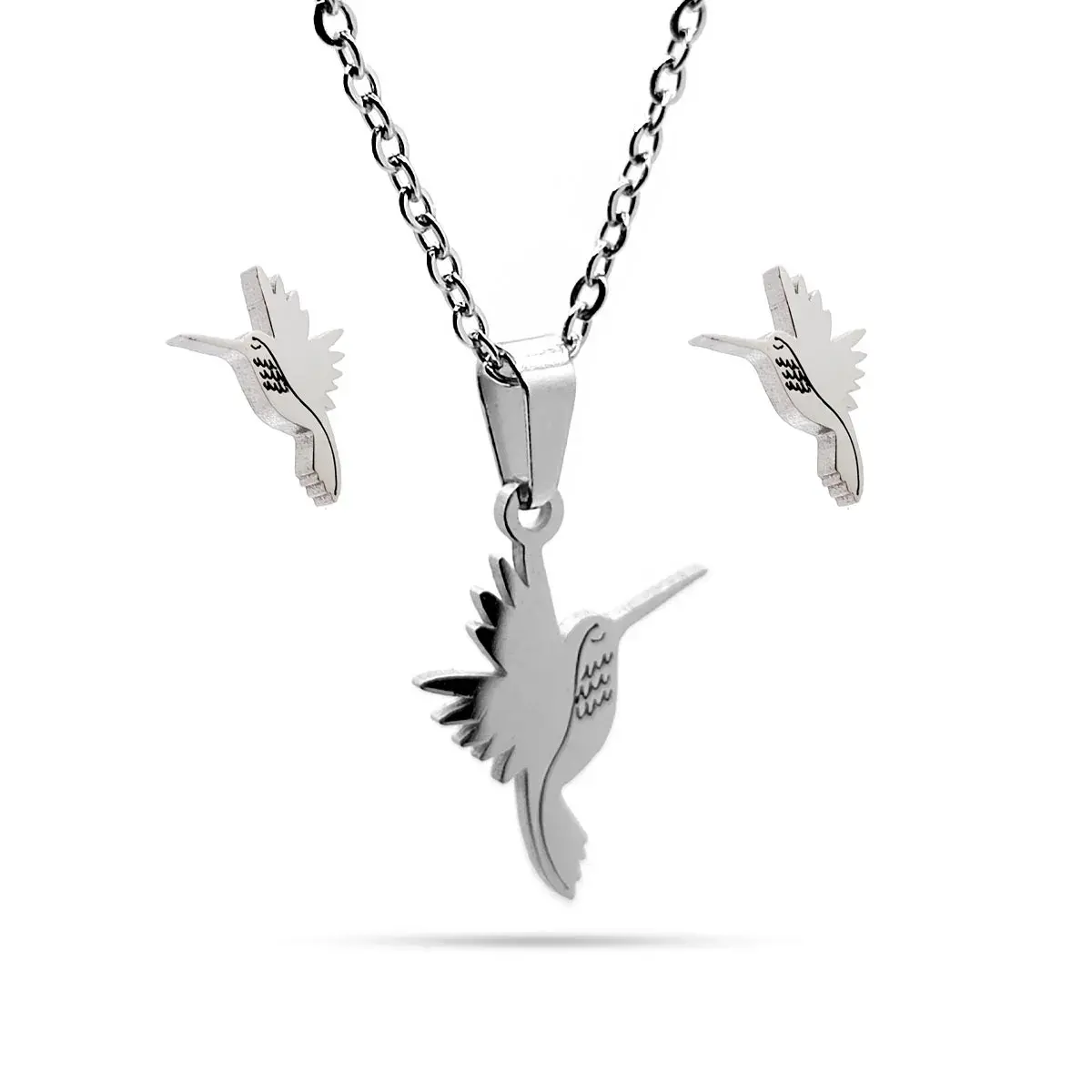 Set Joyeria Acero Plateado Colibri Chuparosa Alas Puntas