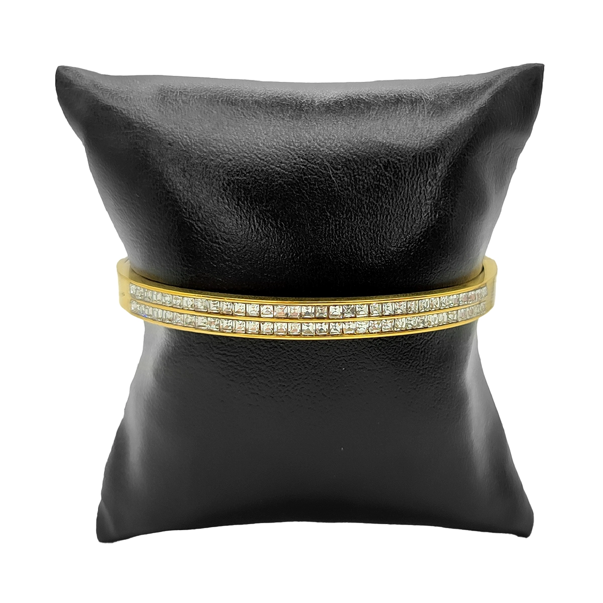 Pulsera Acero Dorado Doble Fila de Cristales Cuadrados