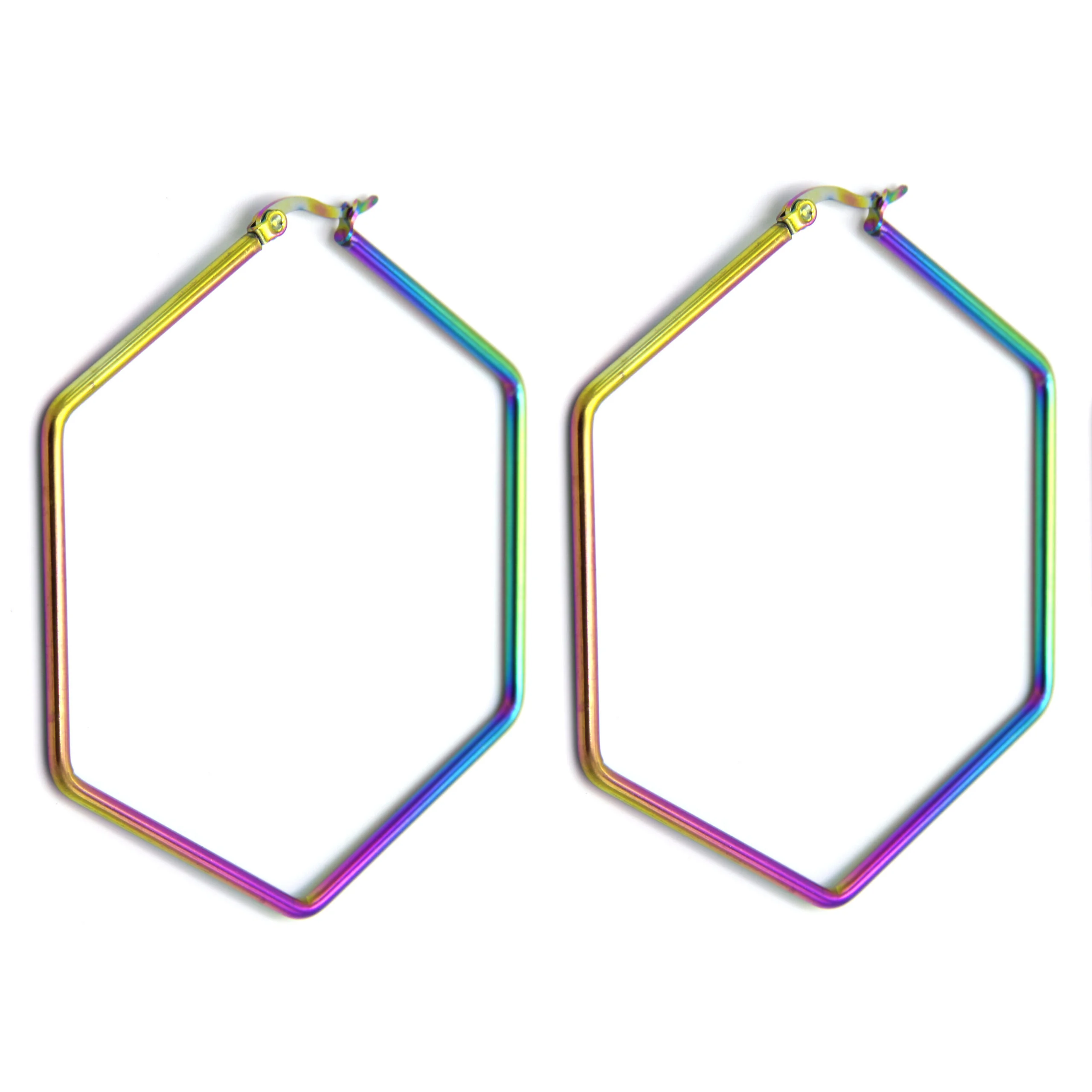 Aretes Acero Ionizado Arracada Hexagono Unicorn Arcoiris