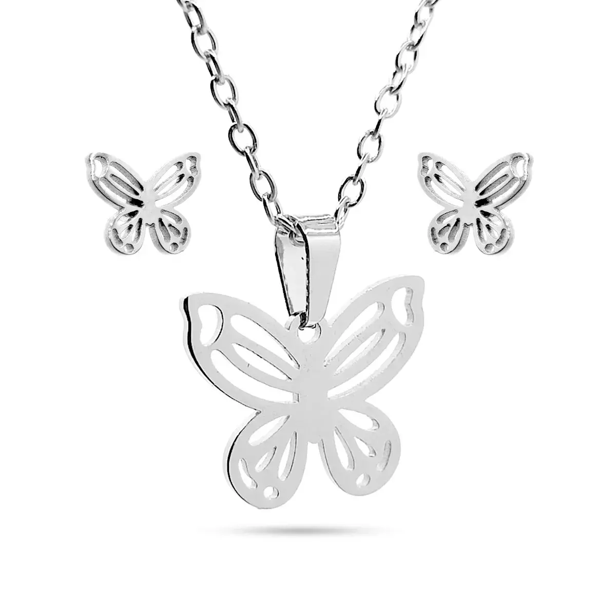 Set Joyería Inox Acero Plateado Mariposa Calada Libertad