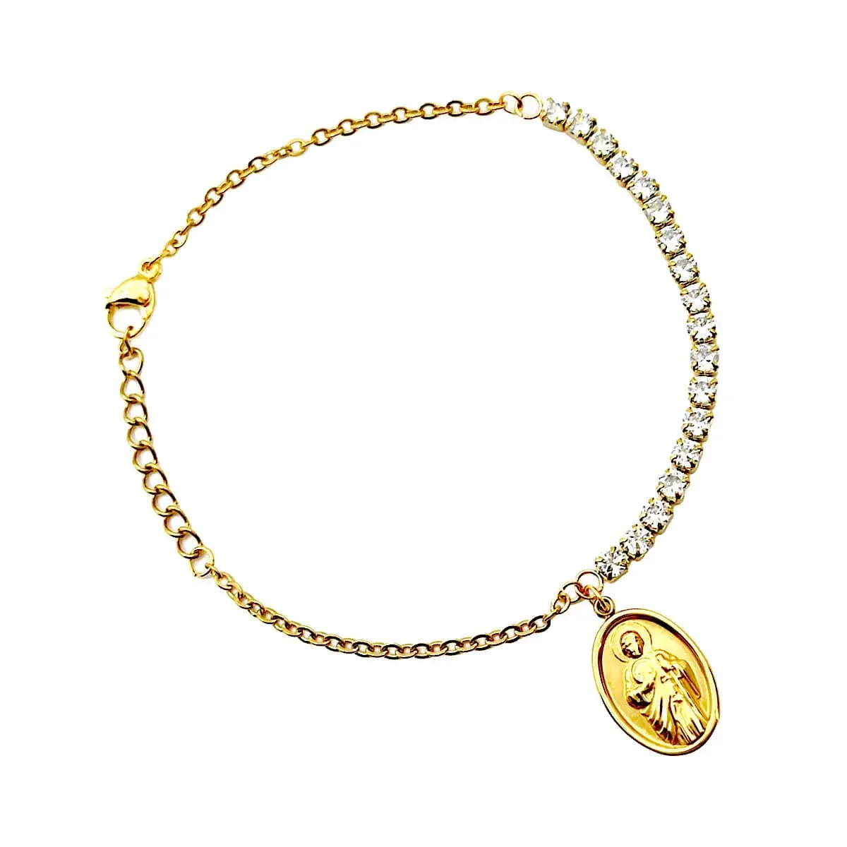 Pulsera Acero Dorado Zirconias y Medalla San Judas Tadeo