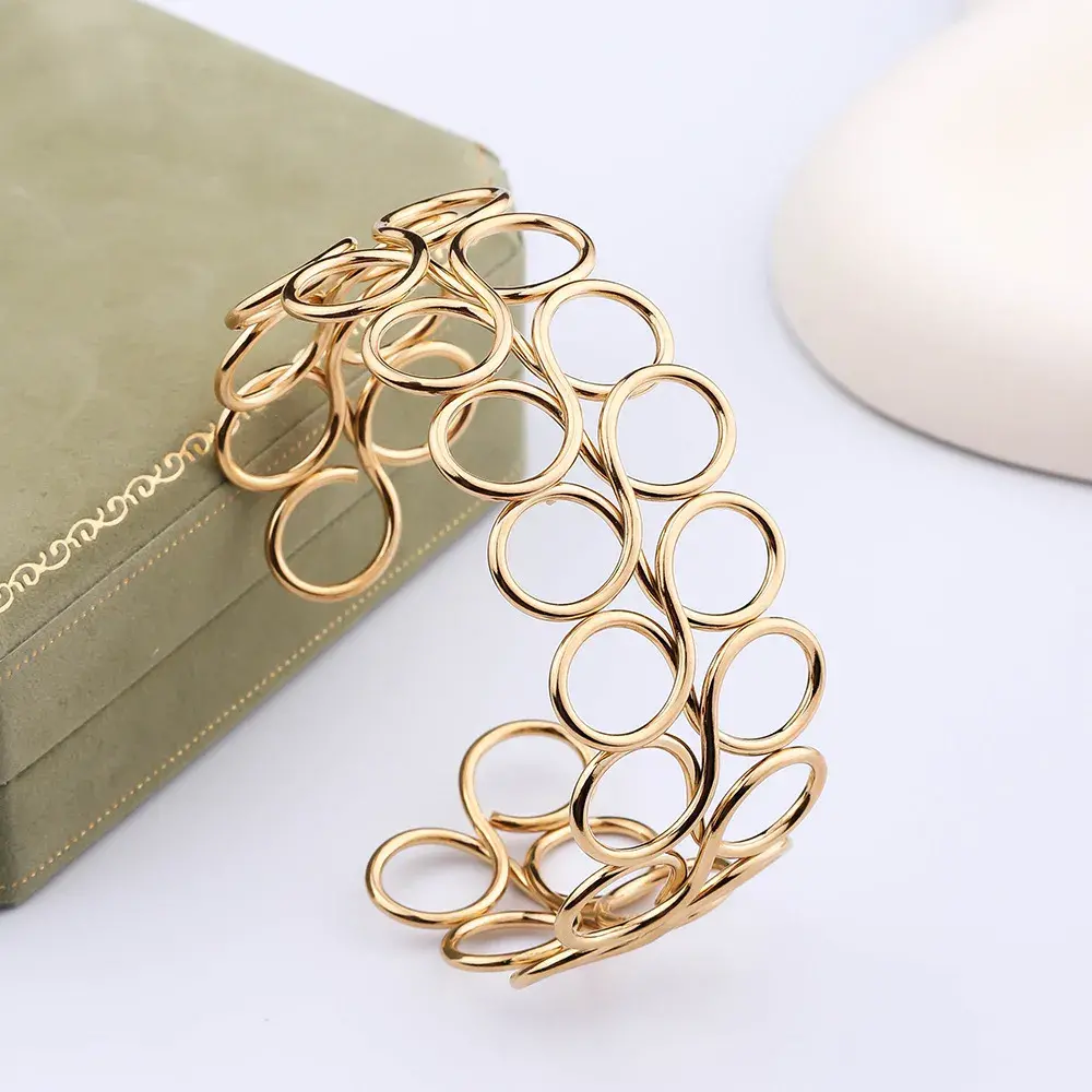 Pulsera Acero Dorado Brazalete Bucles Círculos Alambre