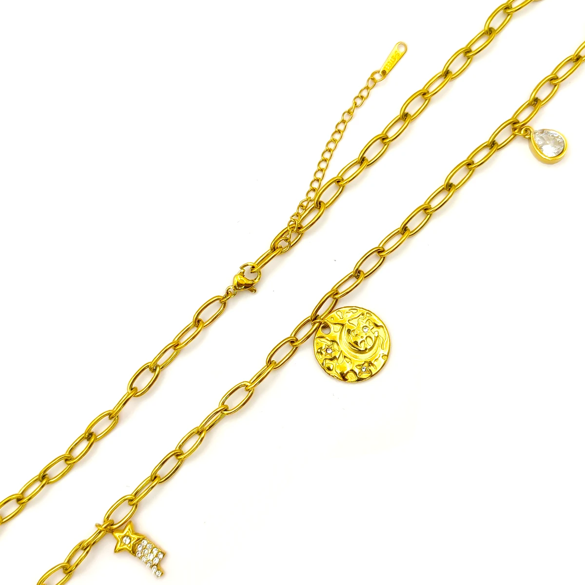 Collar Acero Dorado Medalla Luna Estrella Fugaz Cristales