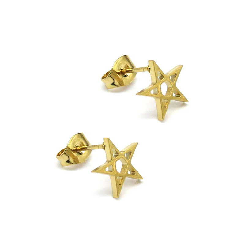 Aretes Tipo Broquel Acero Inox Dorado Estrella 5 Picos