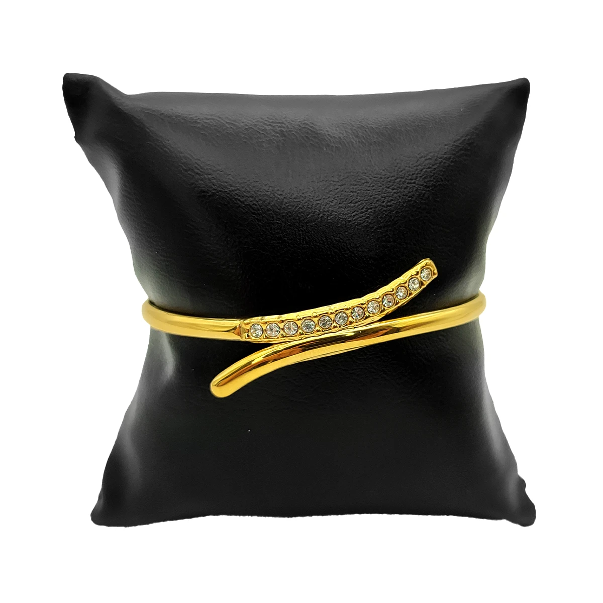 Pulsera Acero Dorado Brazalete Lineas Curvo Cristales