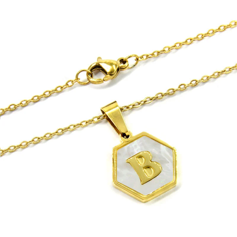 Collar Acero Inox Dorado Hexagonal Letra B Madre Perla