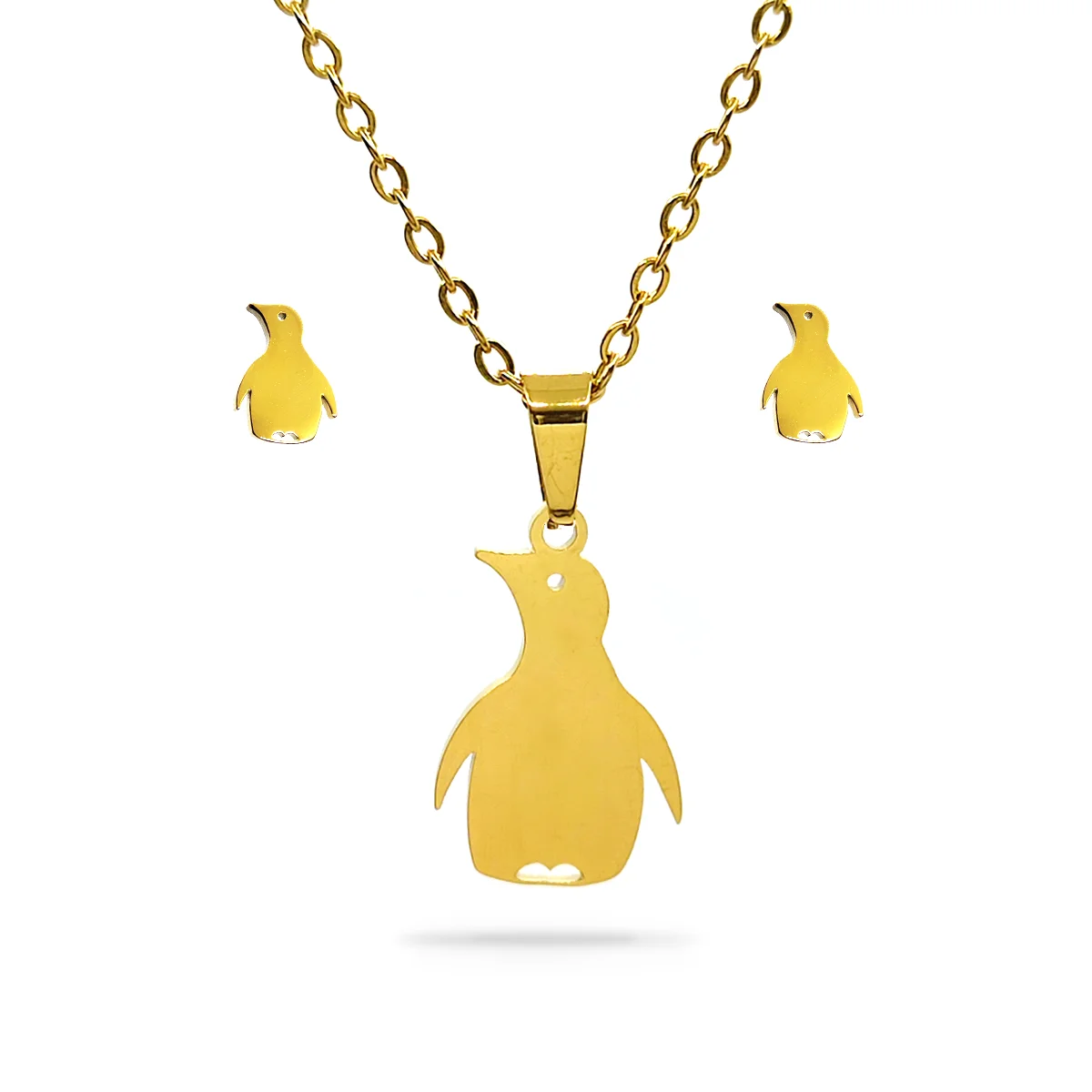 Set Joyeria Acero Inox Dorado Pingüino Ave Animal