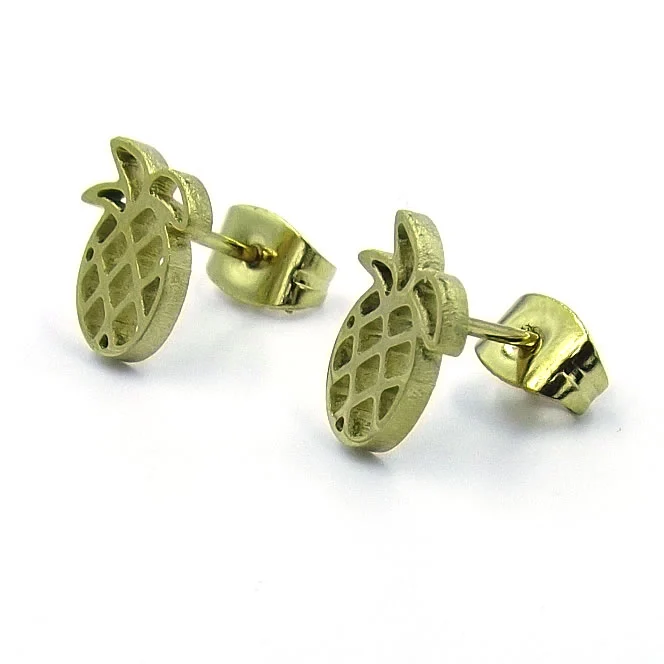Aretes Acero Dorado Tipo Broquel Piña Tropical