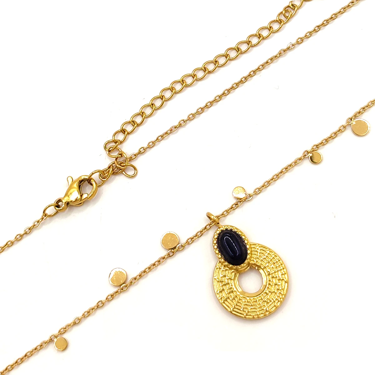 Collar Acero Dorado Piedra Negra Oval Cadena Circulos