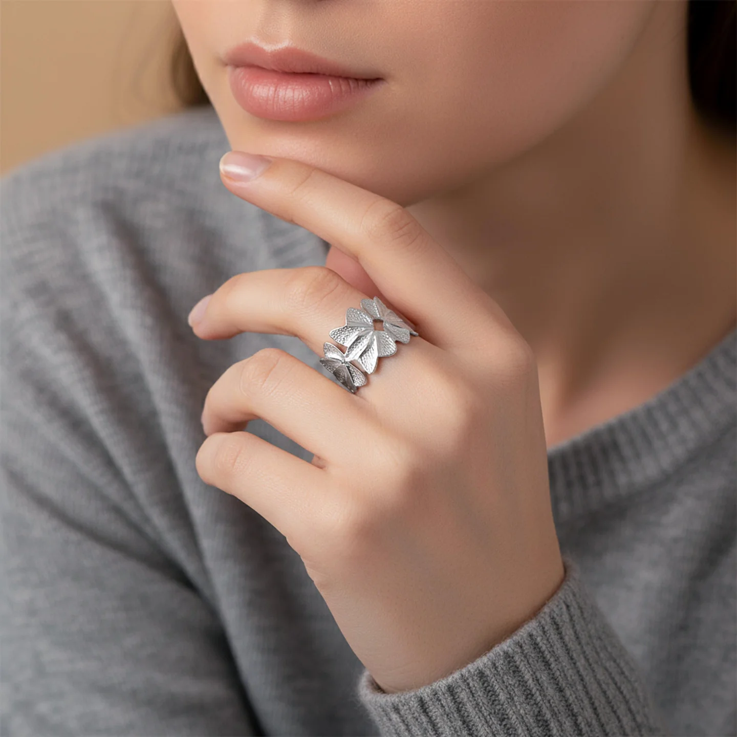 Anillo Acero Inox Plateado Petalos Flores Grueso Ajustable