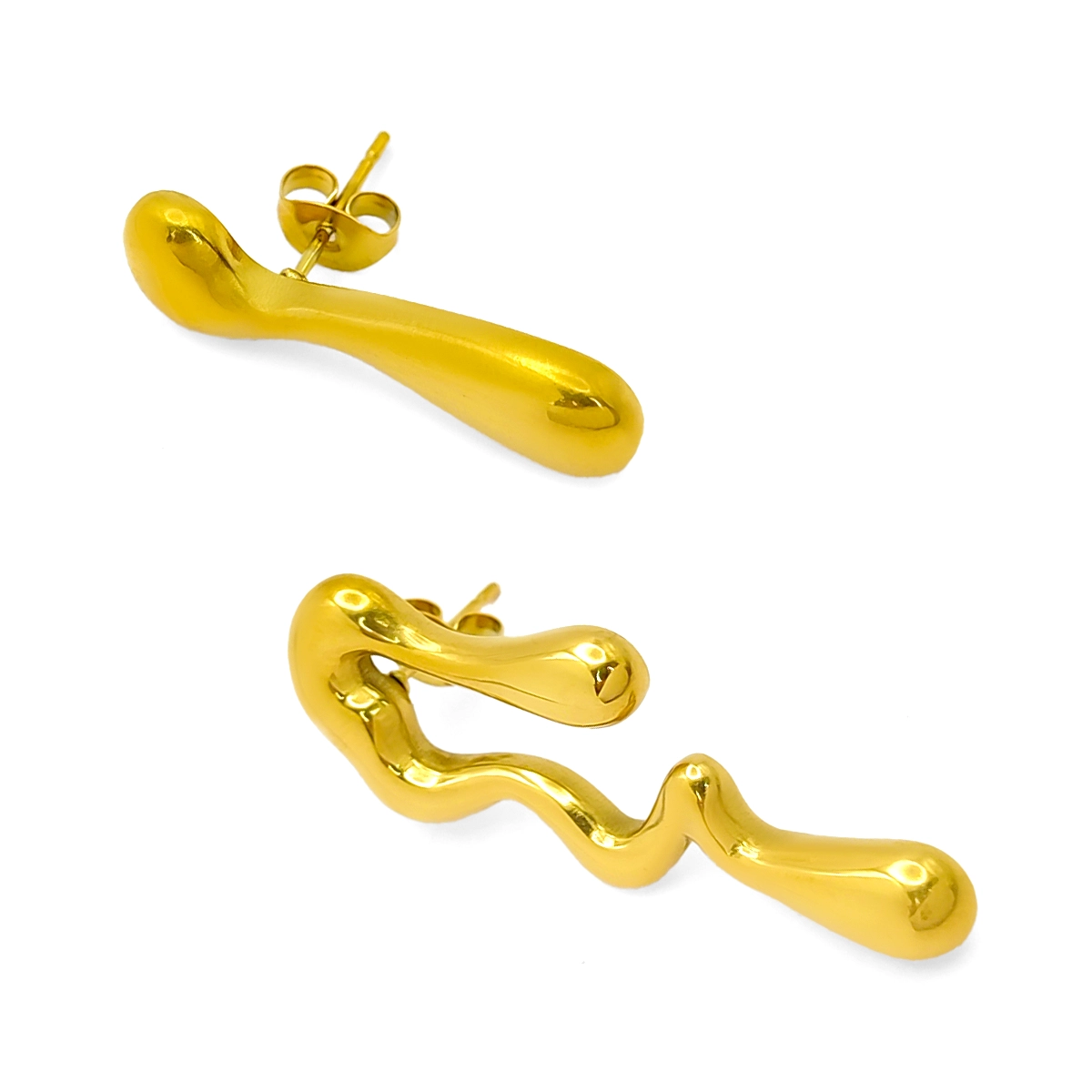 Aretes Acero Dorado Asimétricos Gotas Cayendo Derretidas