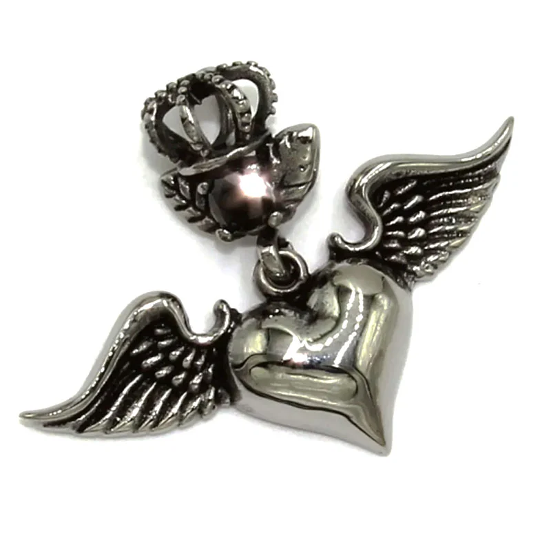 Dije Acero Plateado Corazón Alas Corona Zirconia Negra