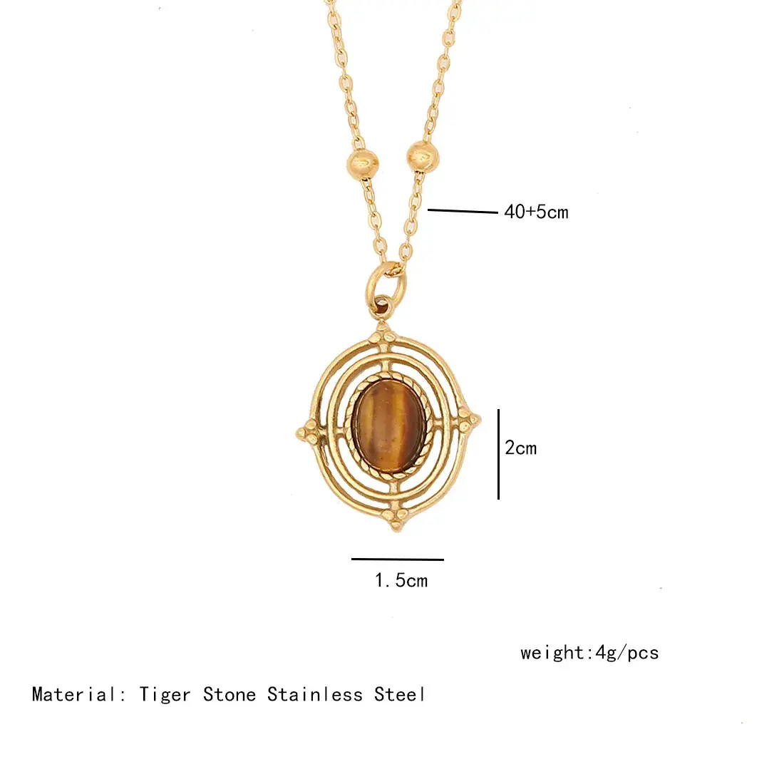 Collar Acero Dorado Bohemio Ojo de Tigre Cadena Balines