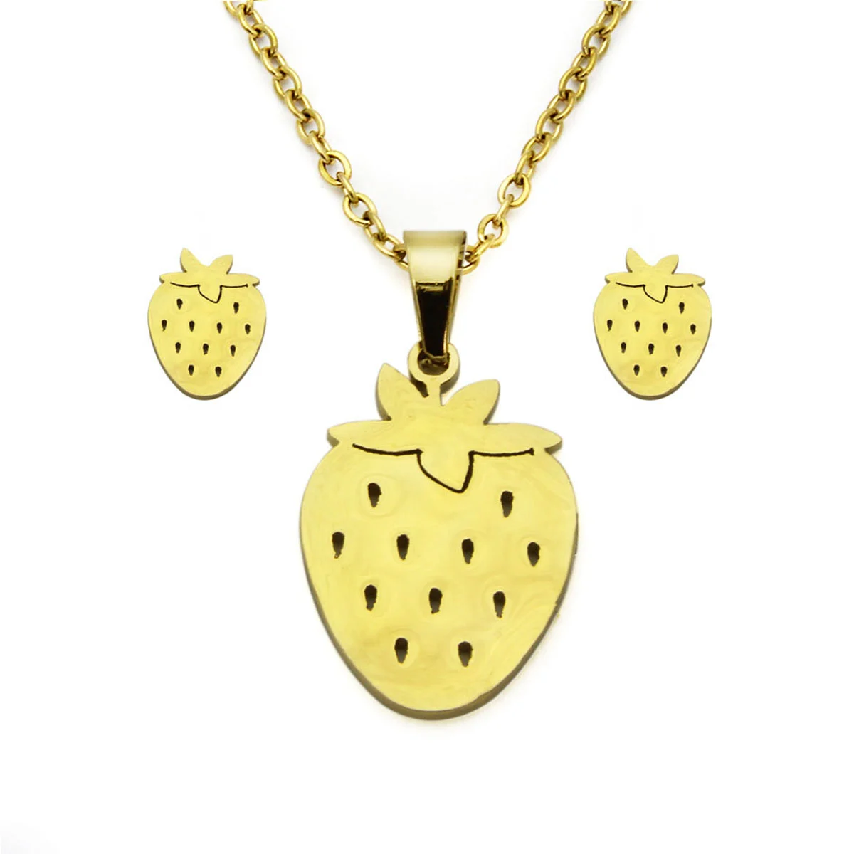 Set Joyeria Acero Inox Dorado Fruta Fresa Natural