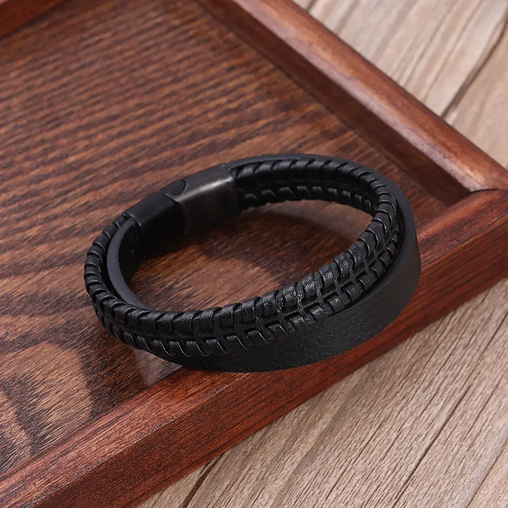 Pulsera Acero Negra Piel Dos Tiras Gruesas Tejida y Lisa