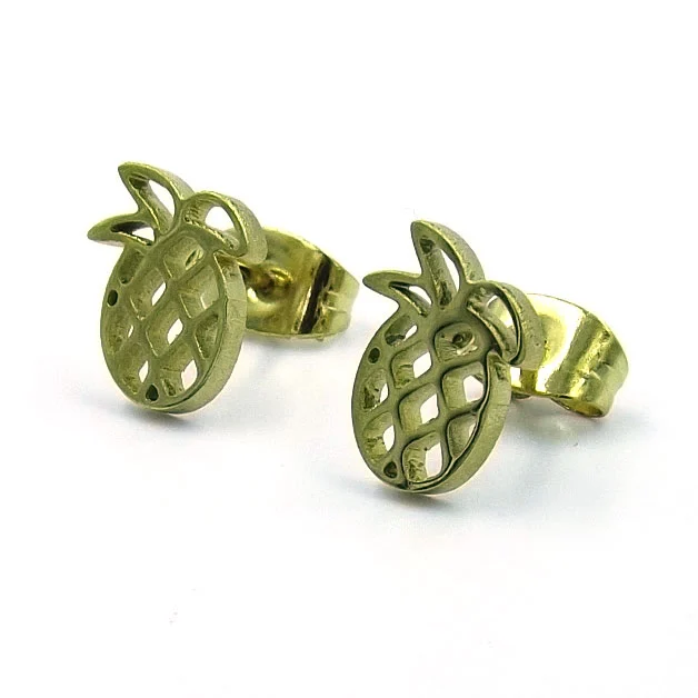 Aretes Acero Dorado Tipo Broquel Piña Tropical