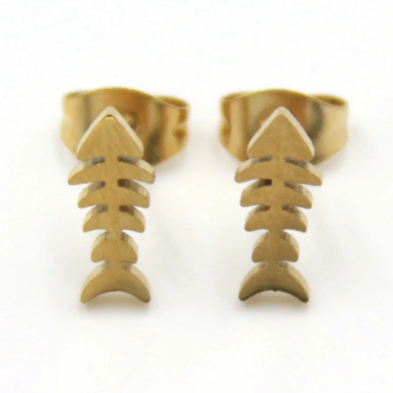 Aretes Tipo Broquel Acero Dorado Esqueleto de Pescado