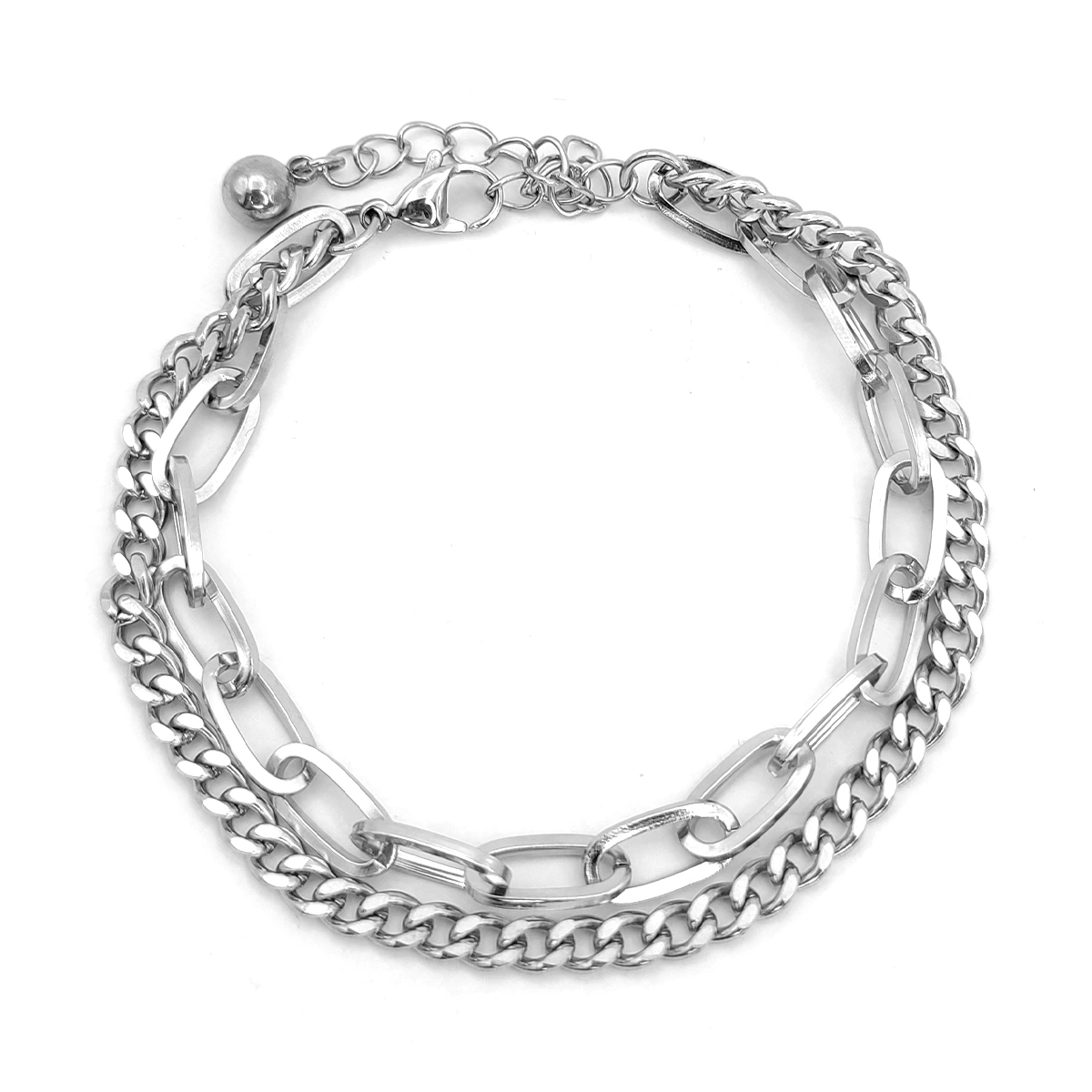 Pulsera Acero Inox Plateado Doble Eslabon Oval y Cubana