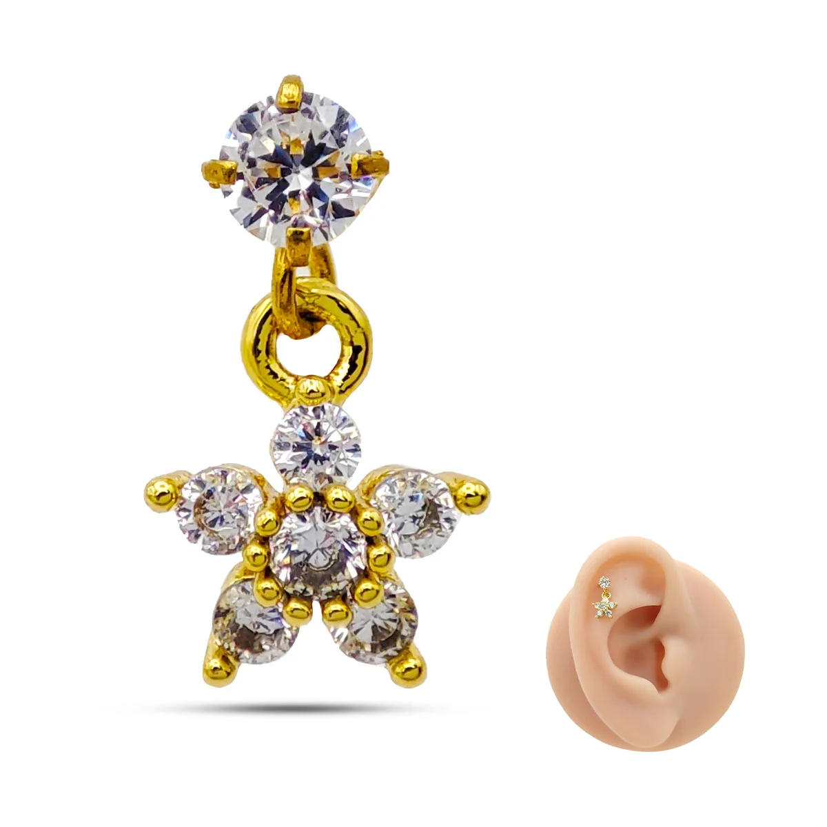 Piercing de Oreja Acero Colgante Estrella Seis Zirconias