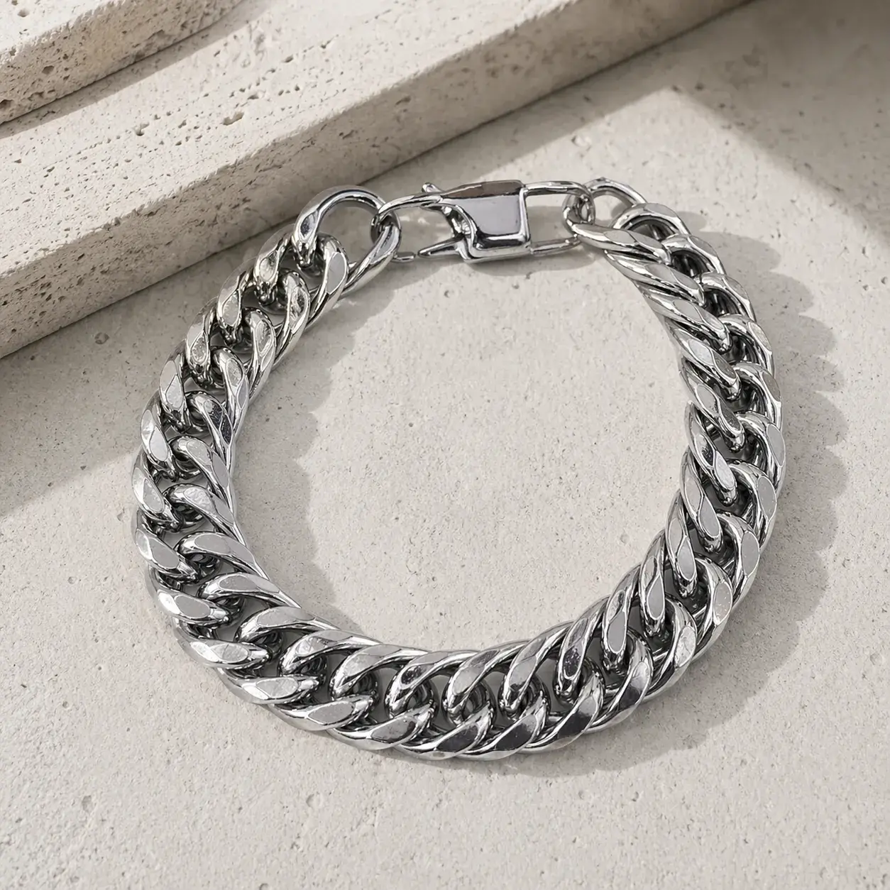 Pulsera Acero Plateado Cubana Rectificada Gruesa 14 mm