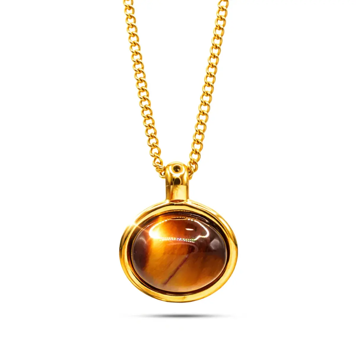 Collar Acero Dorado Ojo de Tigre Natural Piedra Oval