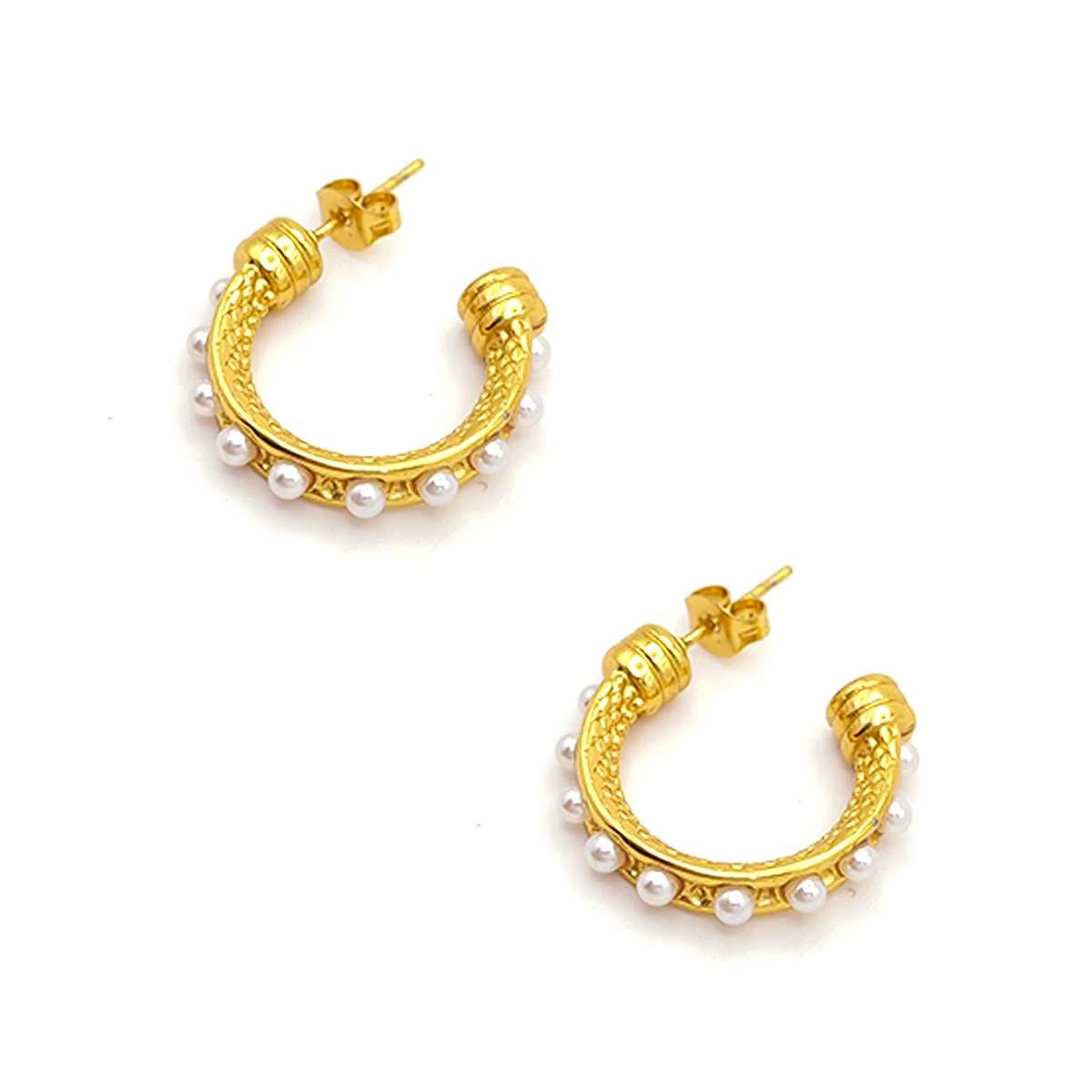 Aretes Acero Dorado Media Arracada Fila Perlas Pequeñas