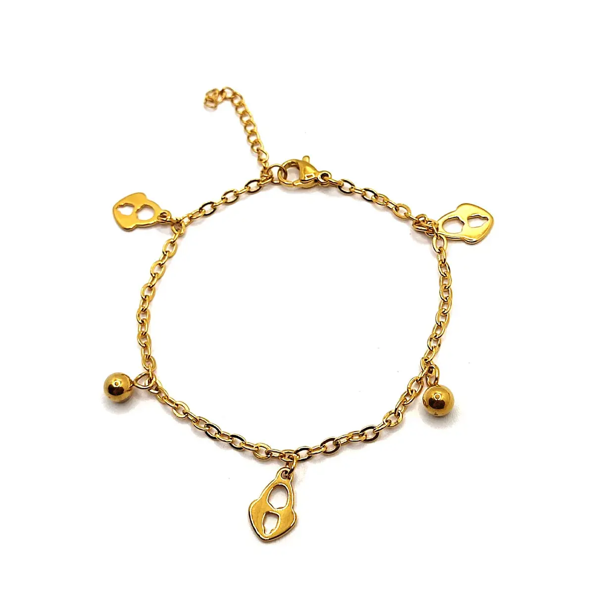 Pulsera Acero Dorado Colgantes Balines y Candado Corazón