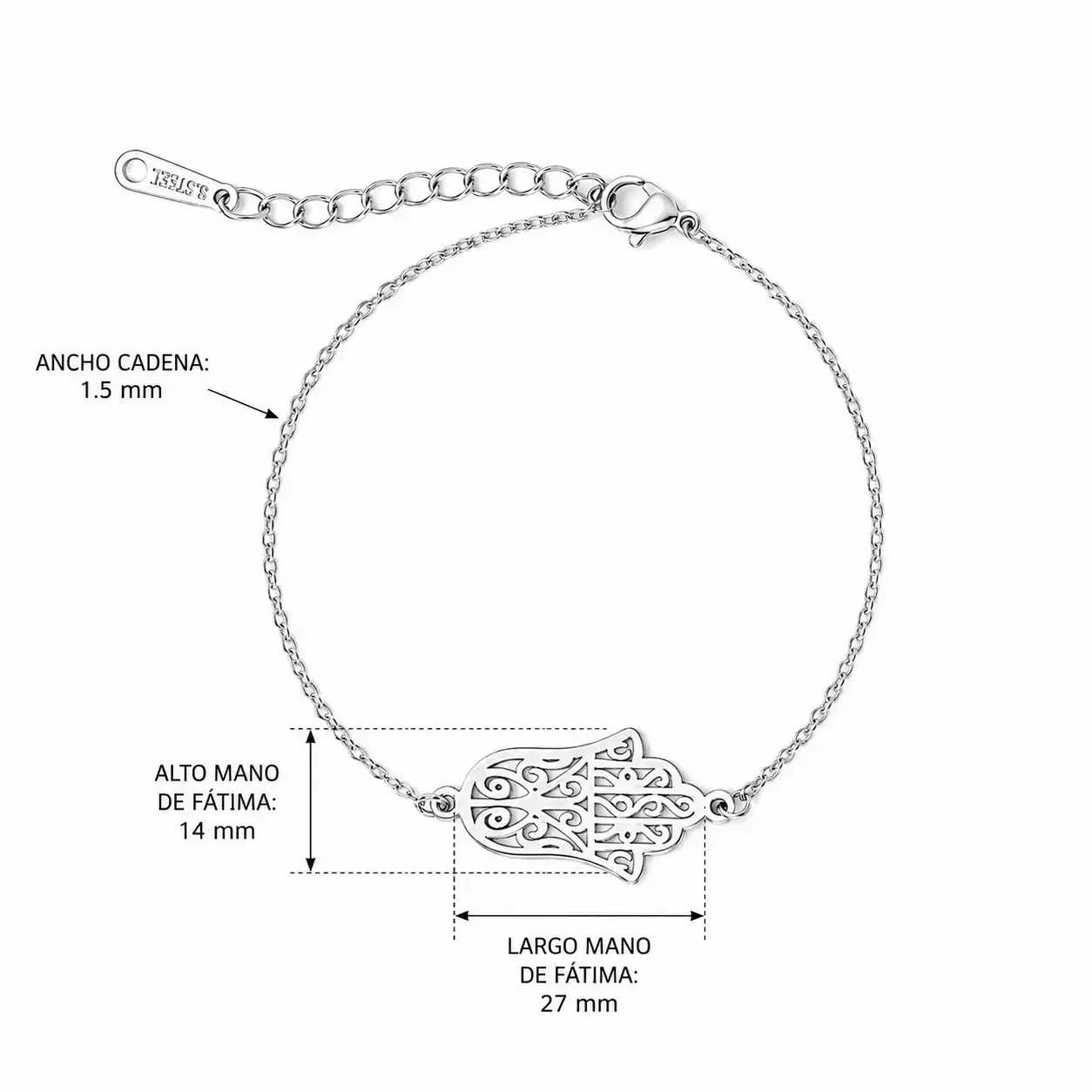 Pulsera Acero Plateado Simbolo Mano de Fatima Sencilla