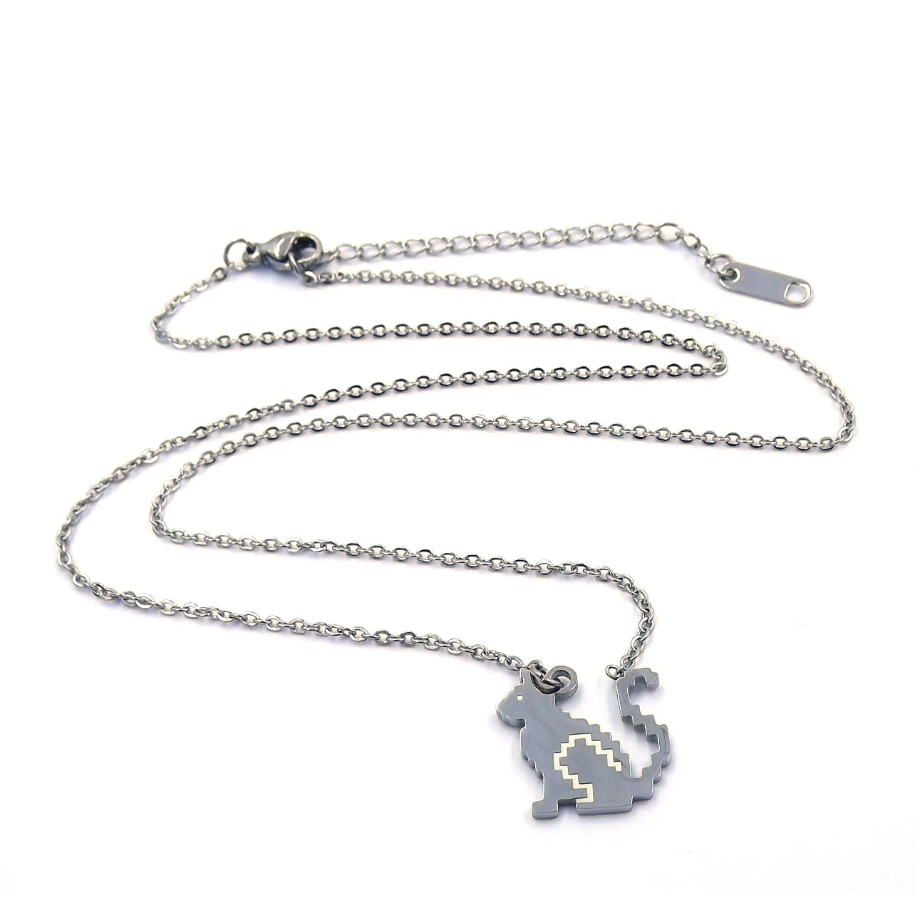 Collar Acero Plateado Gato Pixel Pixeliado