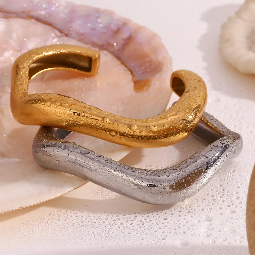 Pulsera Acero Dorado Onda Líquida Irregular Exagerada