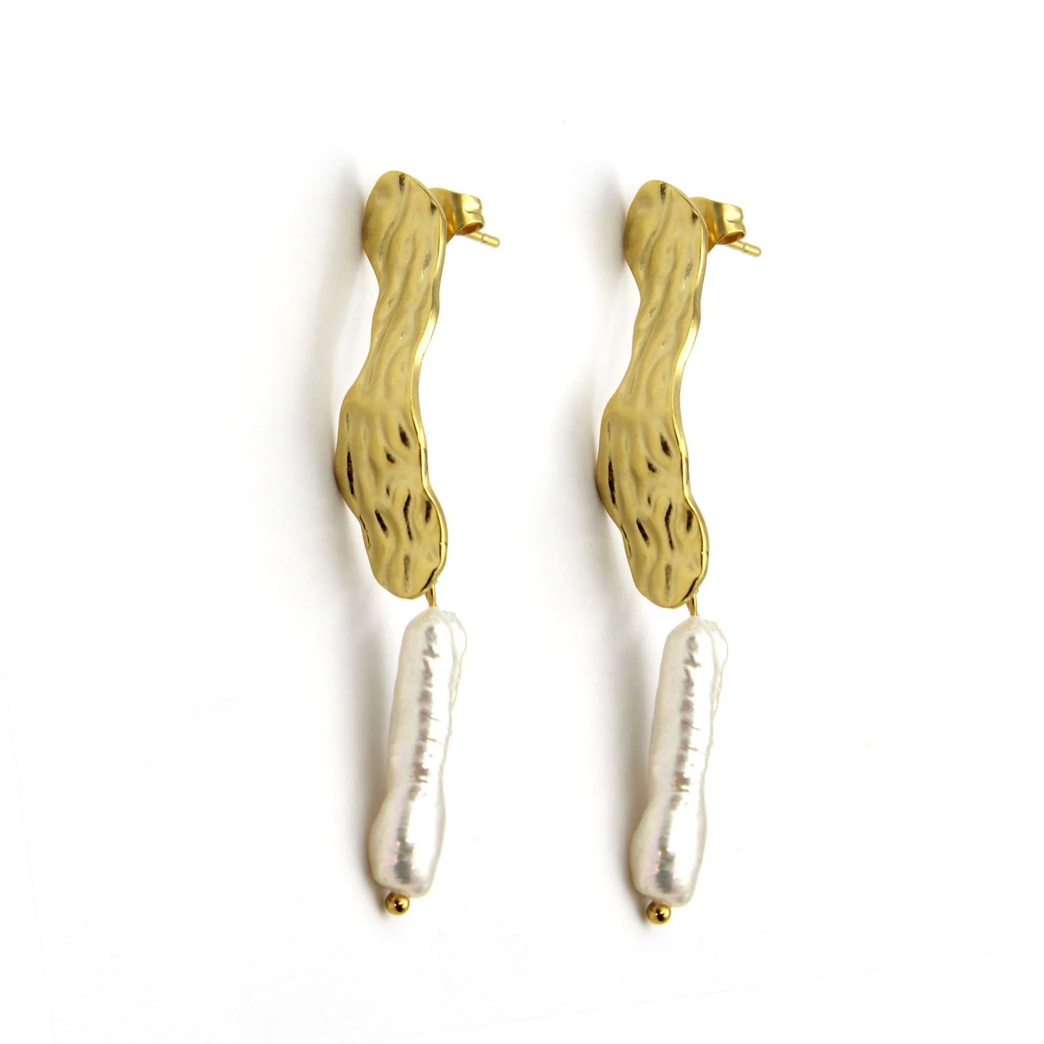 Aretes Acero Dorado Perla SemiRectangular