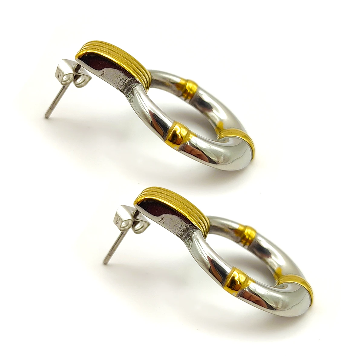 Aretes Acero Inox Bicolor Circulo Hueco Textura Lineas