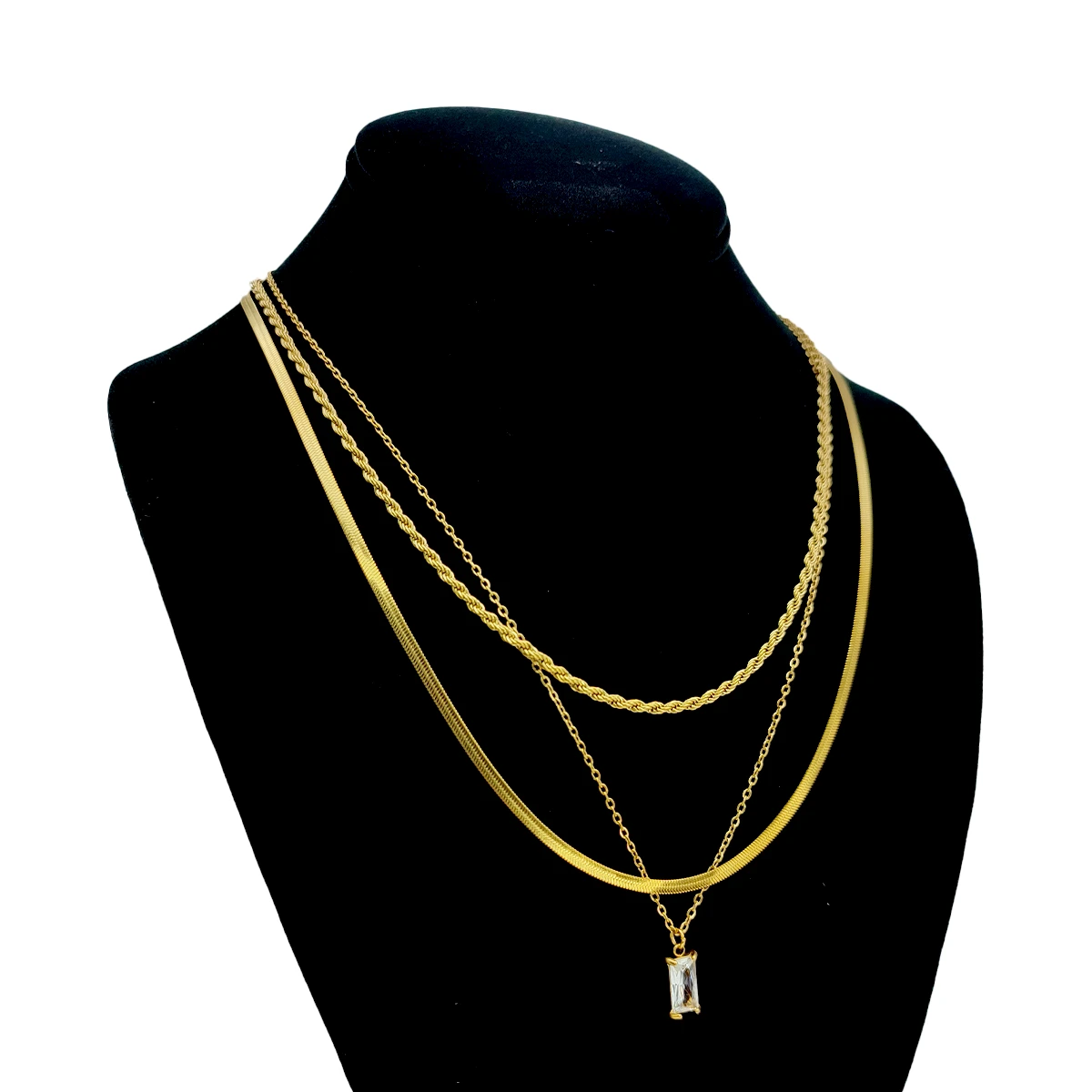 Collar Acero Dorado Triple Planchada Zirconia Rectangular