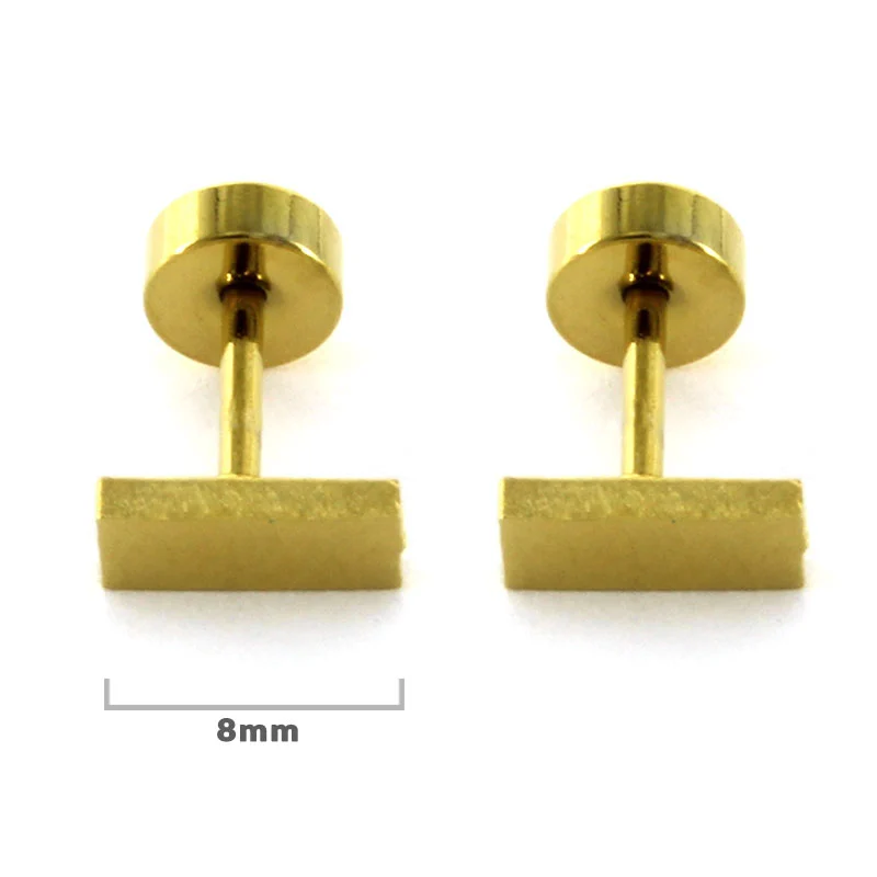 Aretes Tipo Broquel Dormilon Acero Dorado Rectangulo Liso 8mm