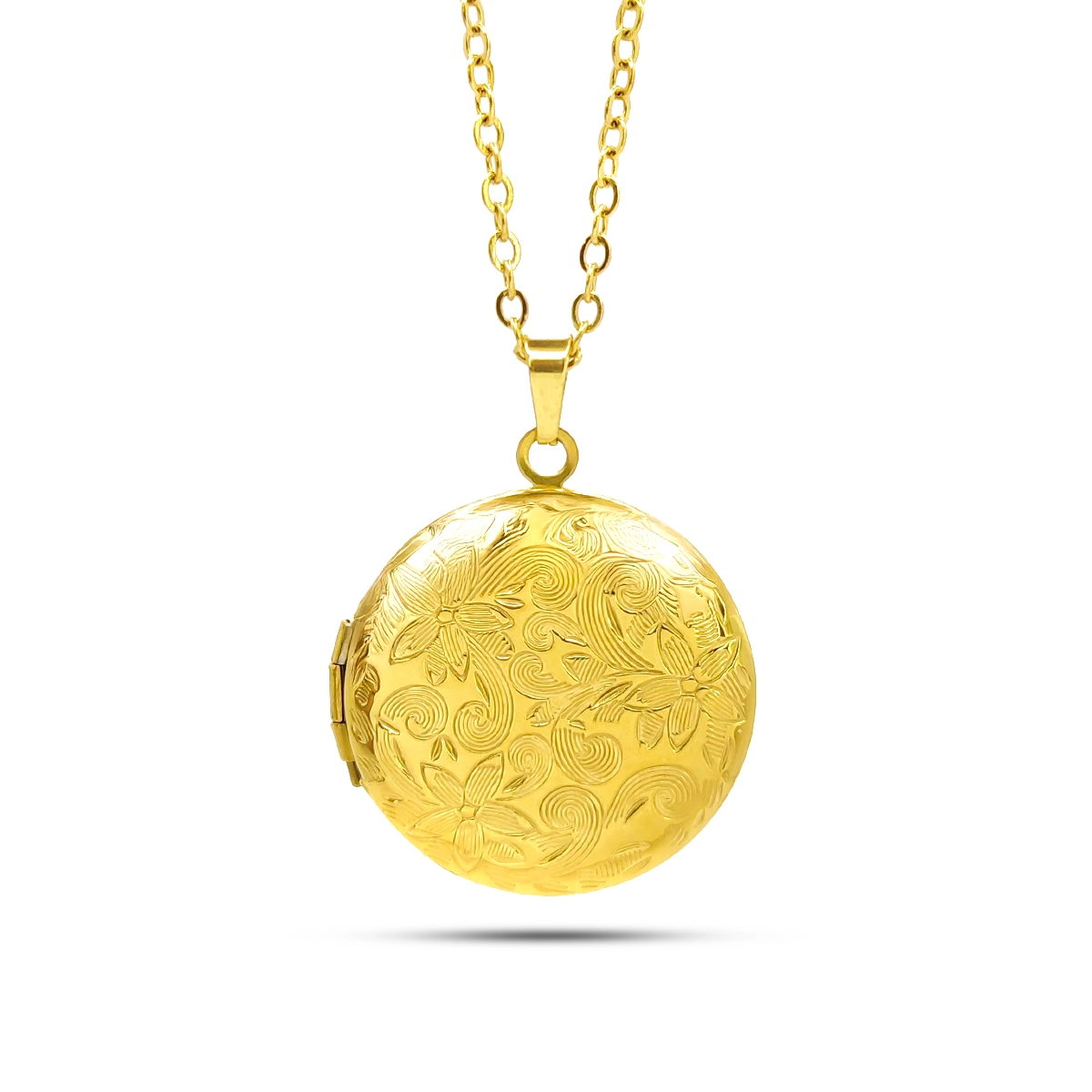 Collar Acero Relicario Circular Textura Flores Grabadas