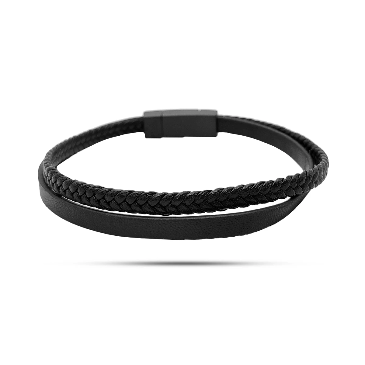 Pulsera Acero Inox Piel Negra Dos Tiras Trenzada y Lisa