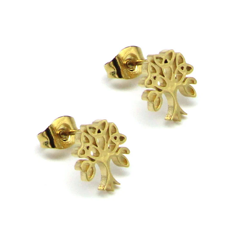 Aretes Tipo Broquel Acero Inox Dorado Árbol de la Vida