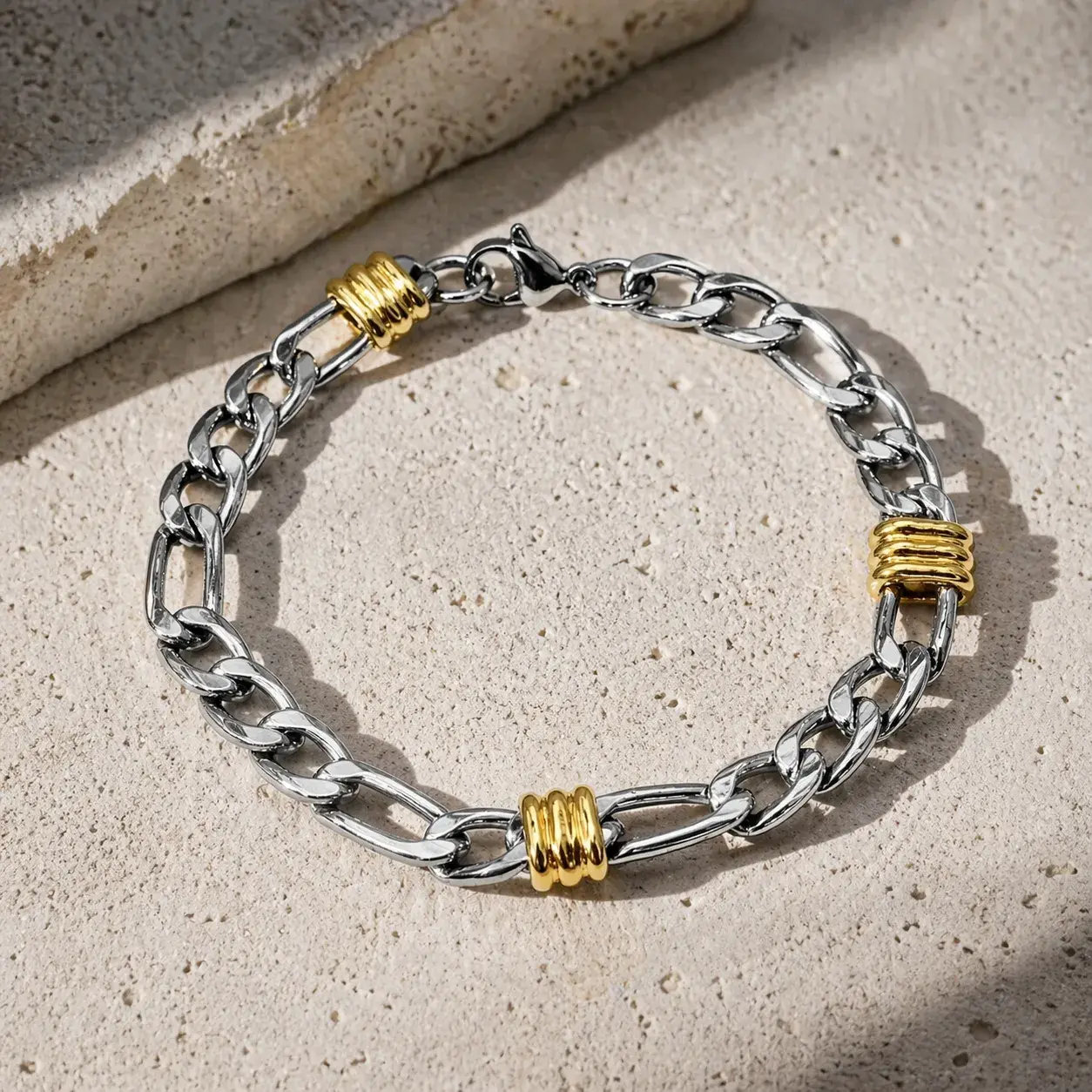 Pulsera Acero Inox Bicolor Esclava 3x1 Remaches Moderna