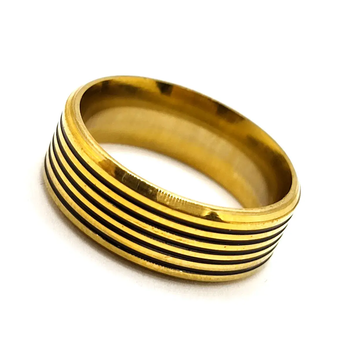 Anillo Acero Inox Dorado Líneas Esmalte Negro Moderno