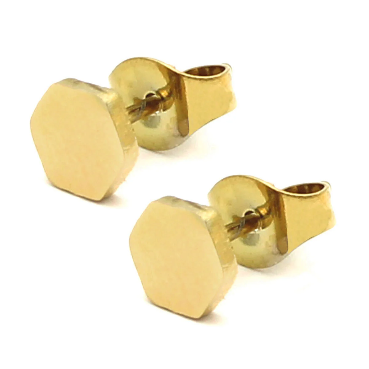Aretes Tipo Broquel Acero Dorado Hexagono Liso 6mm