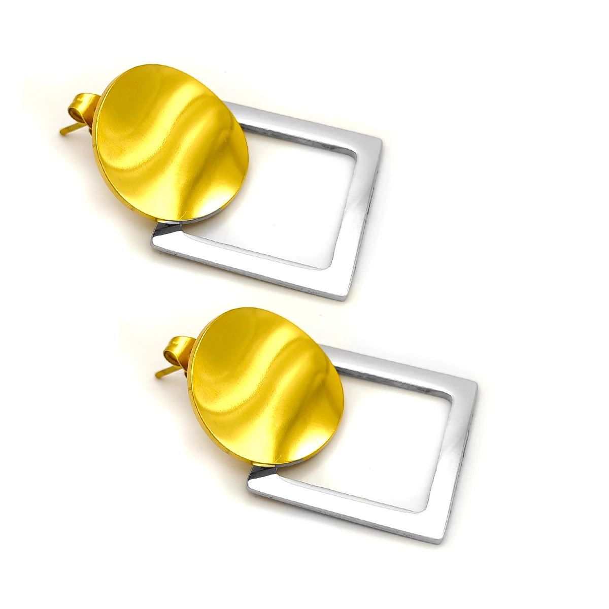 Aretes Acero Bicolor Circulo y Contorno Cuadro Elegante