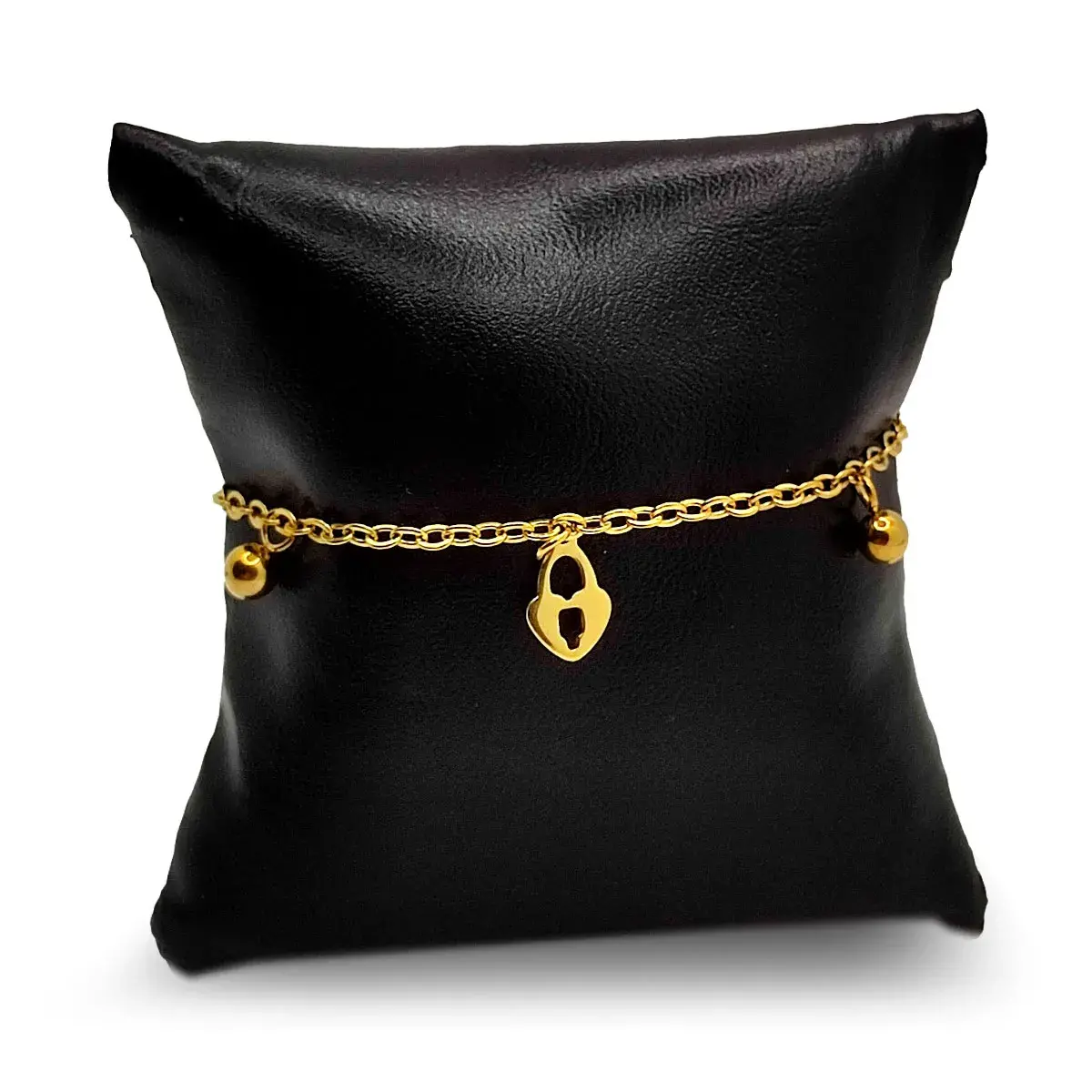 Pulsera Acero Dorado Colgantes Balines y Candado Corazón